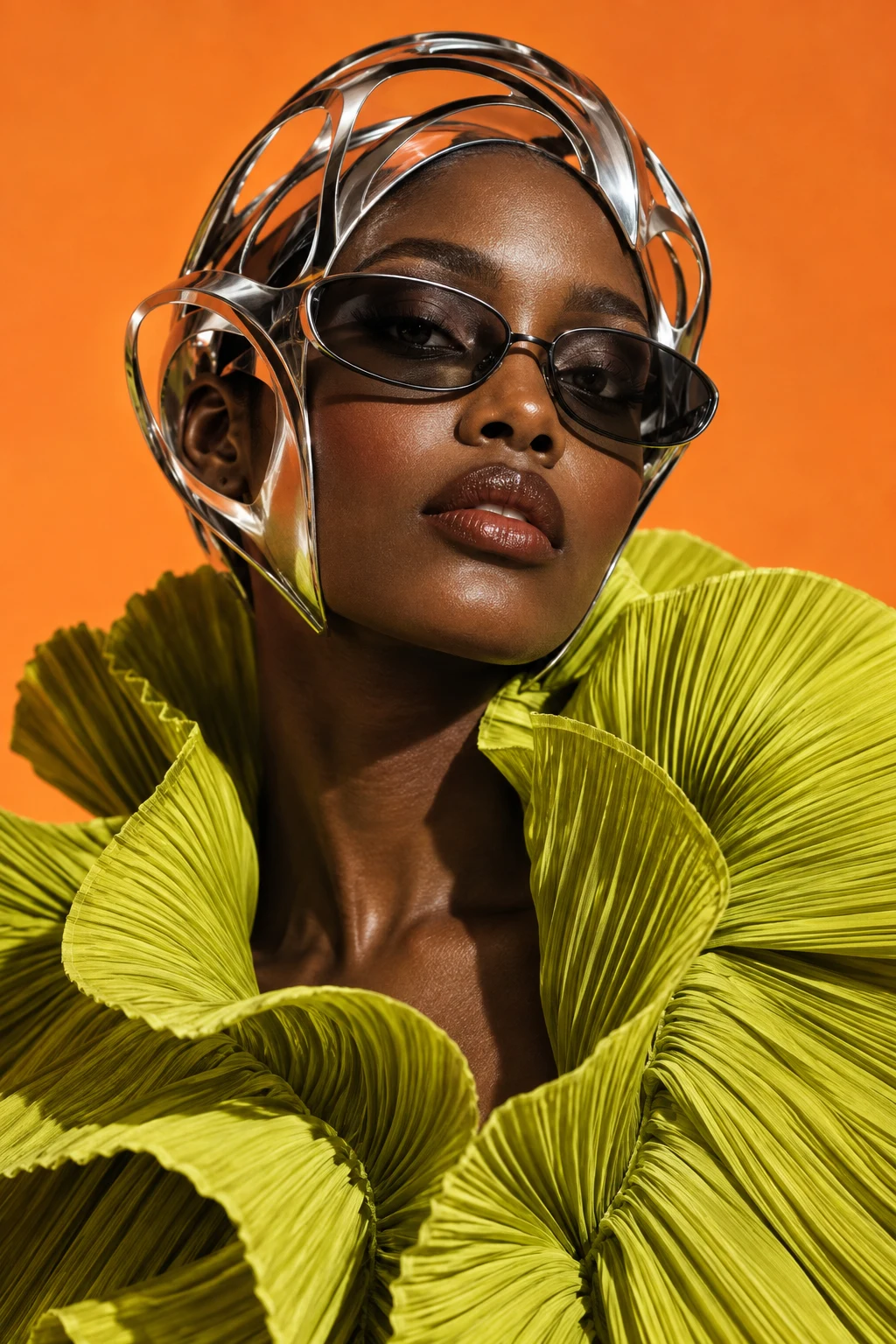 A fashion portrait with a chrome headpiece and sculptural chartreuse collar