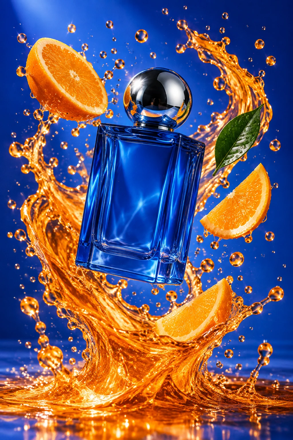 A cobalt perfume bottle suspended in an orange splash