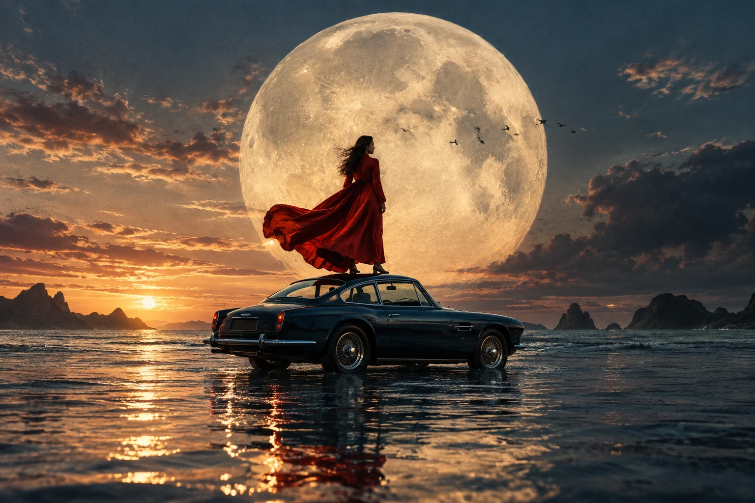 A woman in a red coat stands on a vintage car beneath an enormous moon