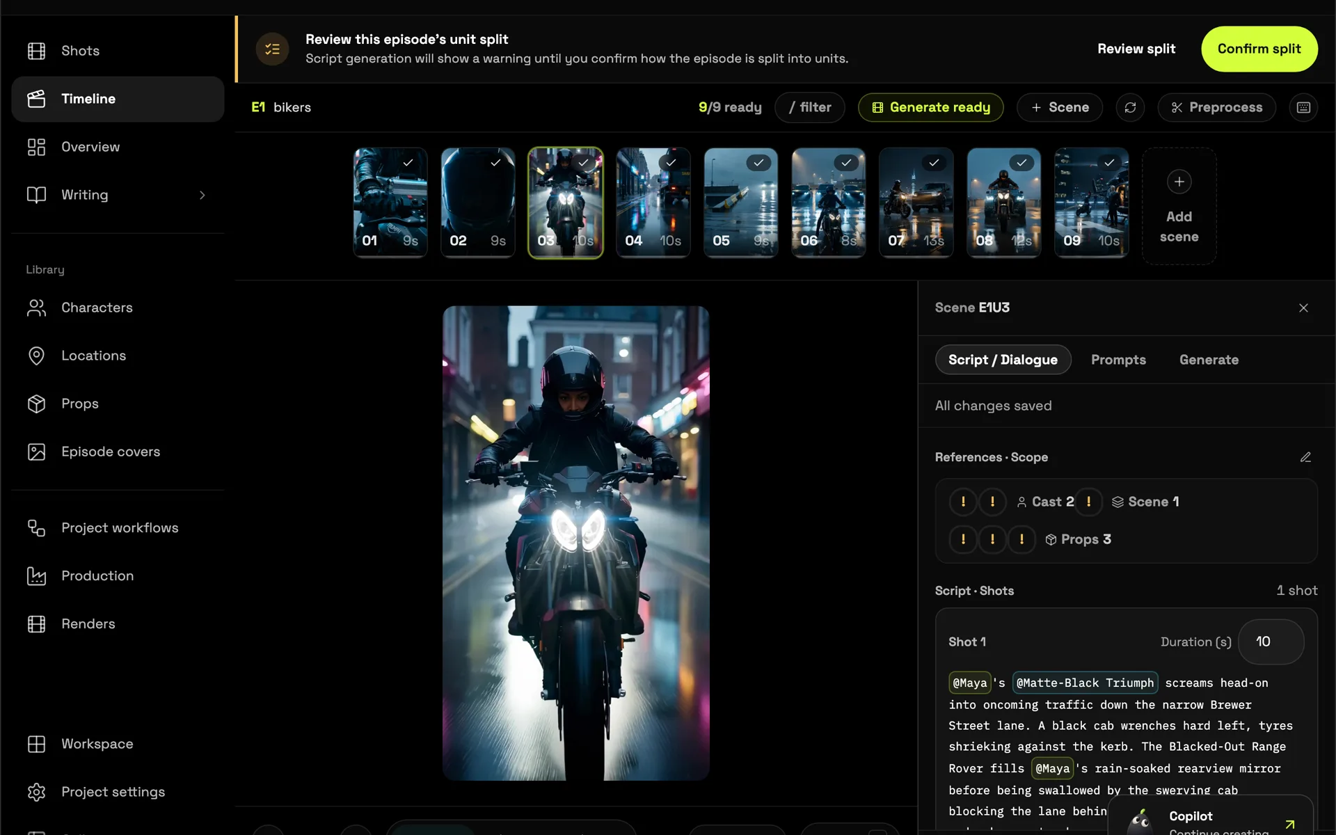 Poiema scene editor with shot references and video prompts