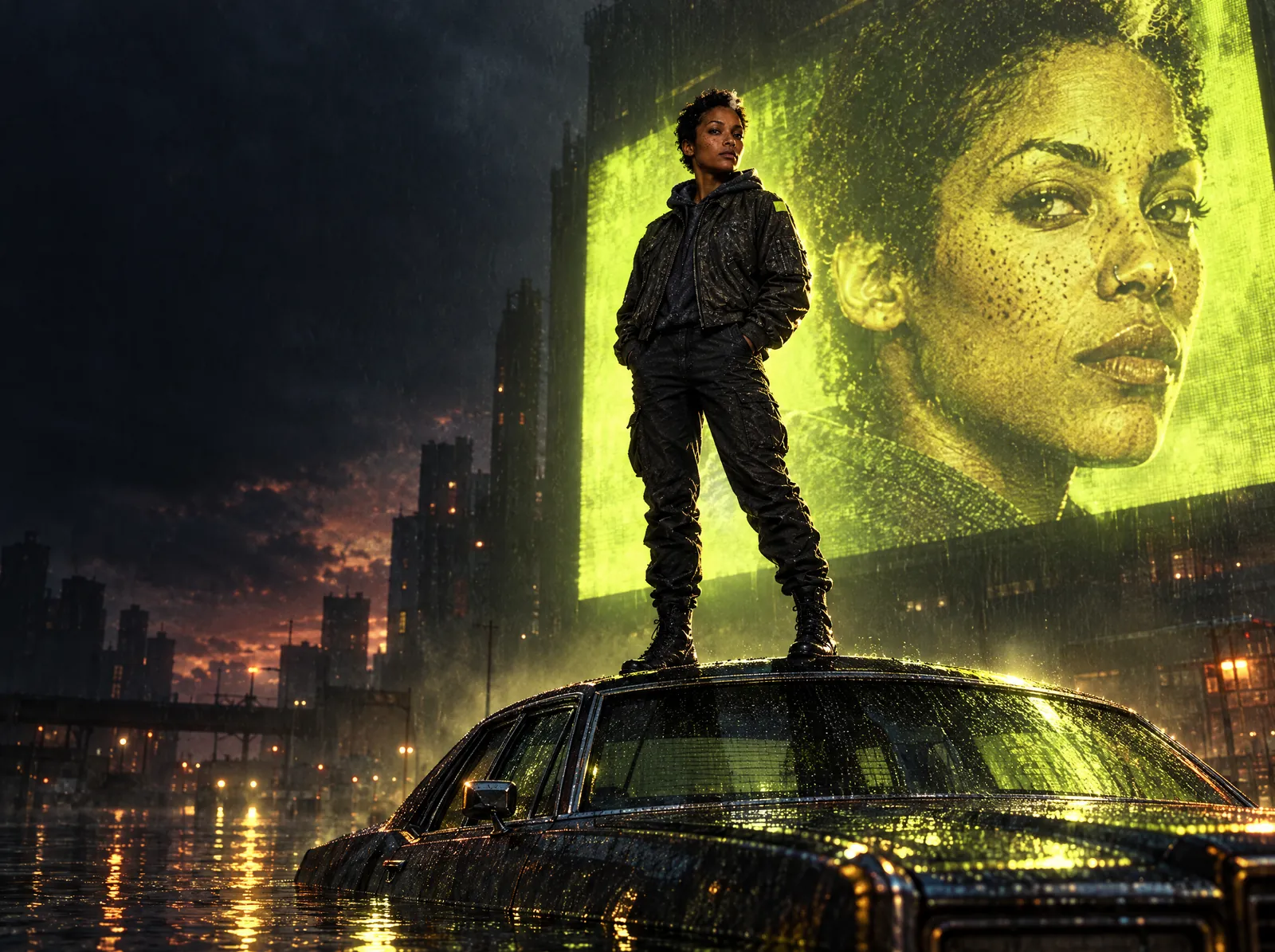 Final film frame: Maya stands on a car roof in a flooded street, lit by a giant lime screen