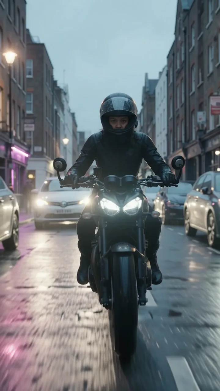 A motorcyclist riding through a rainy London street at dusk