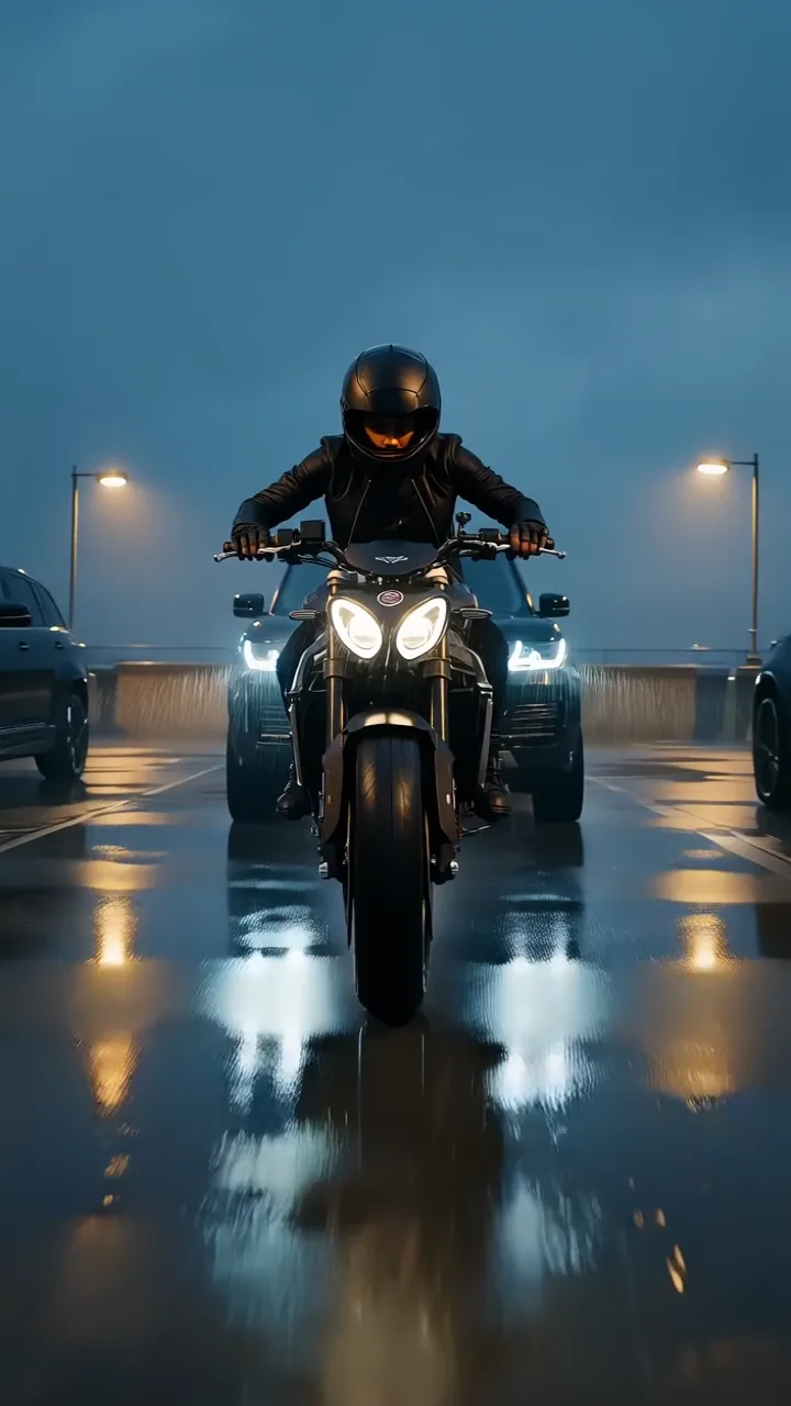 A rider pulls a wheelie on a wet London road at night