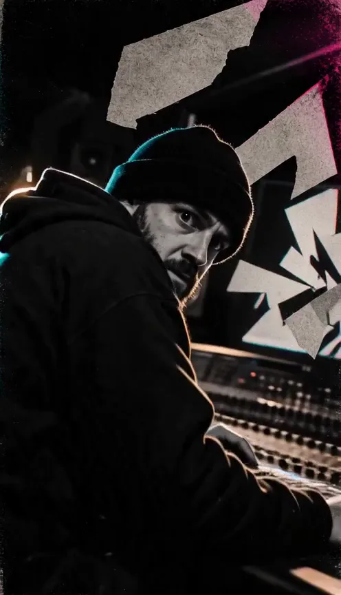A producer in a beanie leans over a mixing desk