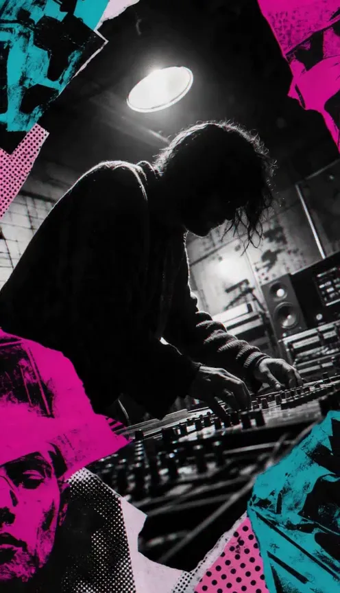 A music producer at a mixing desk inside a black and white collage
