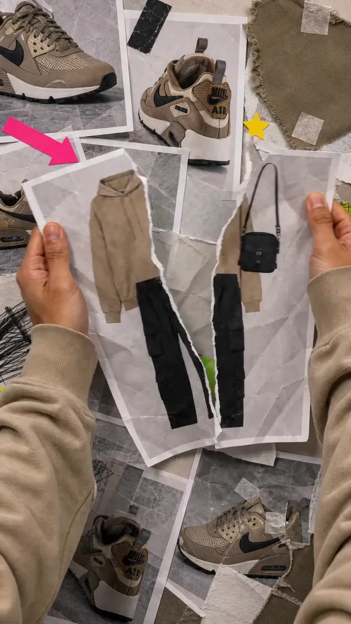 Beige trainers stepping out of a collage of printed photos