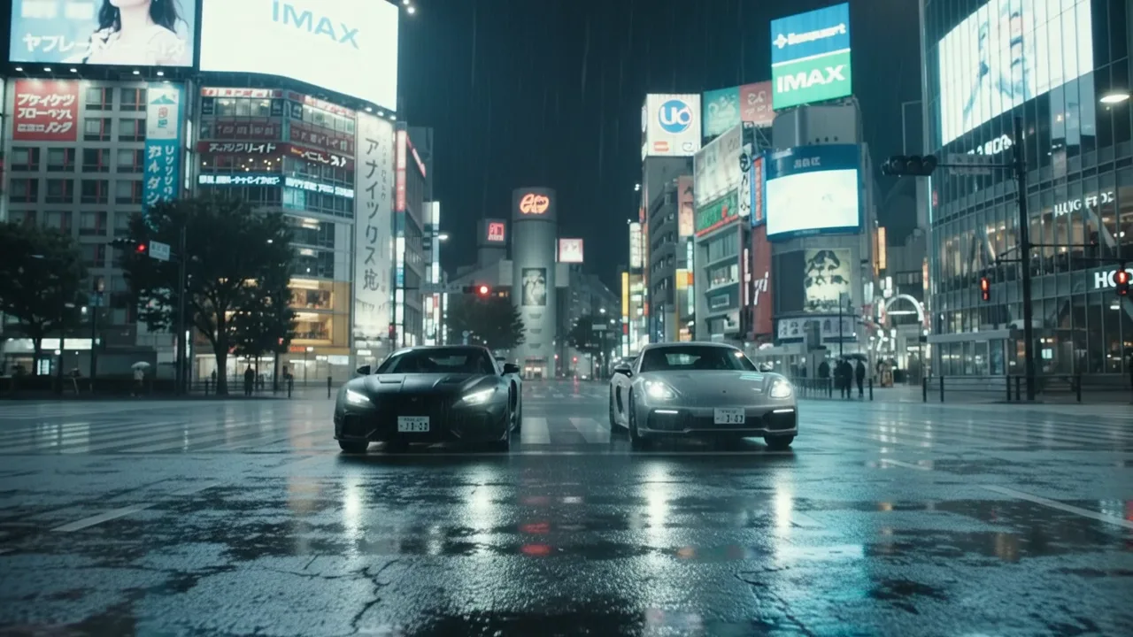 Two sports cars facing off across a rain-soaked Tokyo crossing at night
