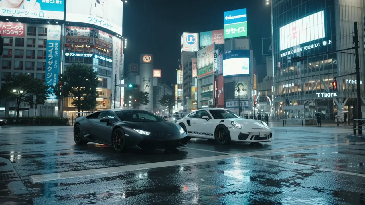 Two sports cars facing off across a rain-soaked Tokyo crossing