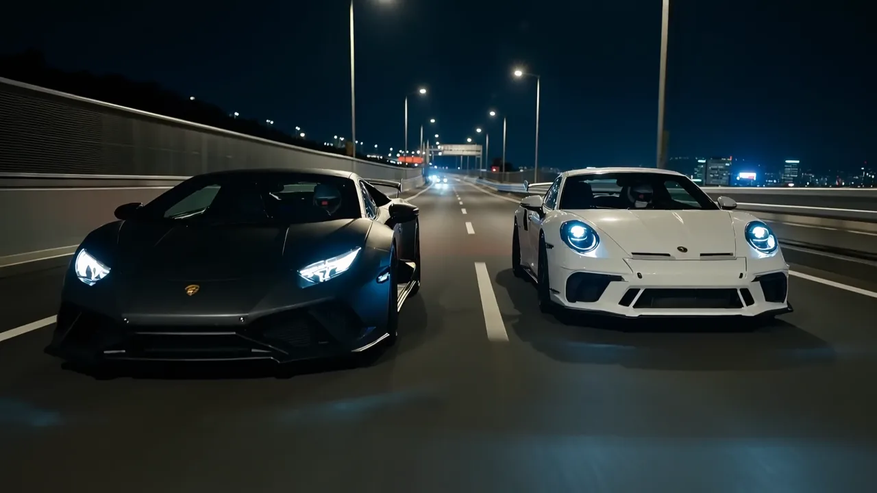 A black and a white sports car racing side by side on a night highway