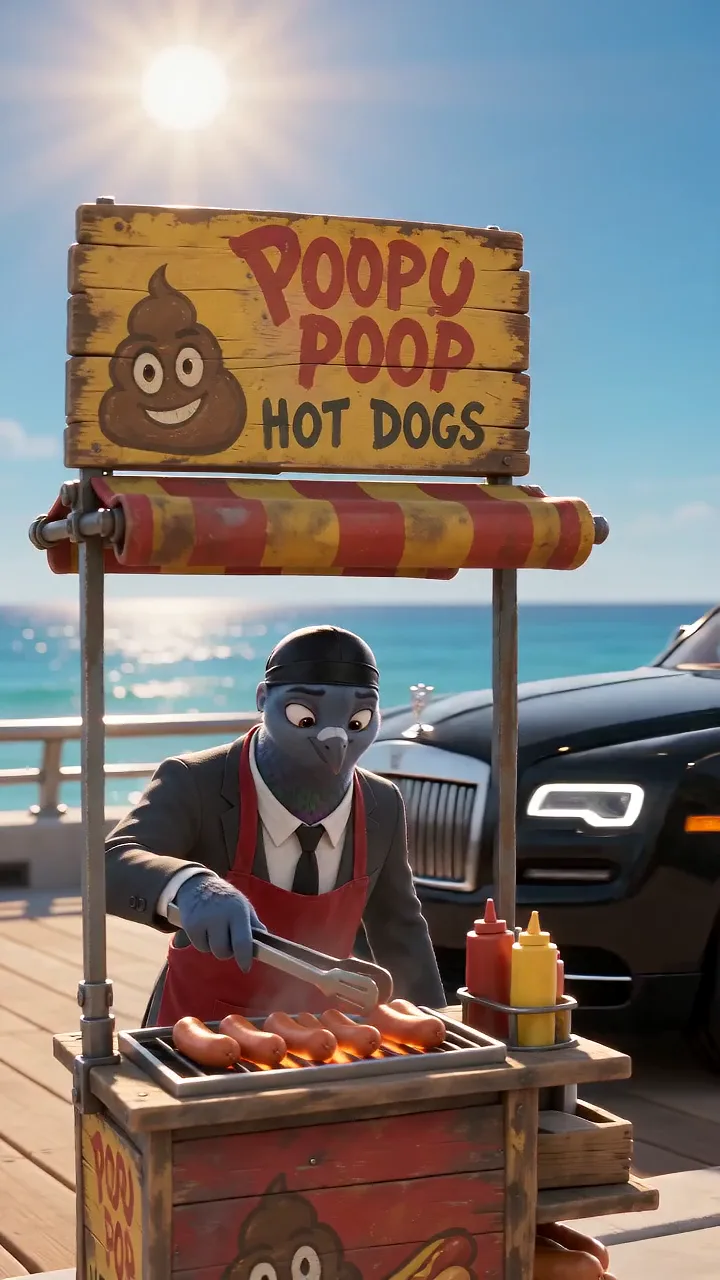 An animated bird running a hot dog cart on a sunny beach boardwalk