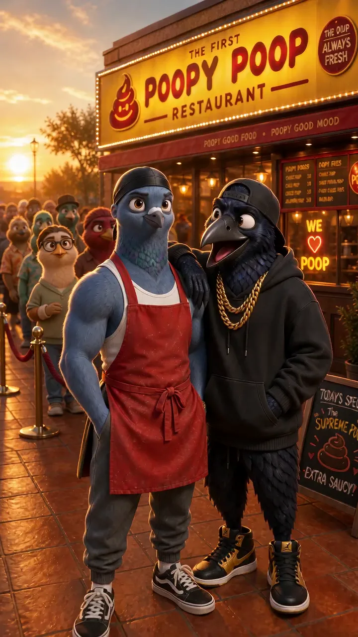 Two animated birds in aprons and gold chains outside a hot dog restaurant