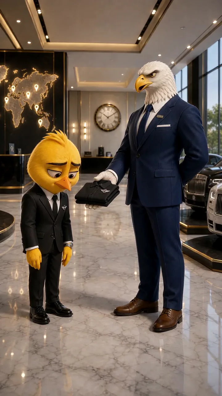 An animated yellow bird in a suit meeting an eagle in a luxury car showroom