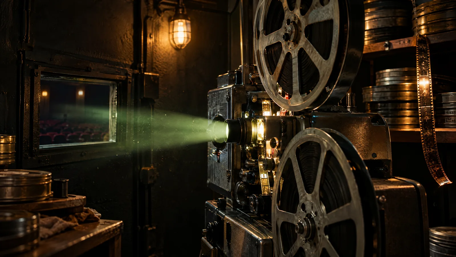 A vintage film projector in a dark projection booth, its beam lighting the cinema