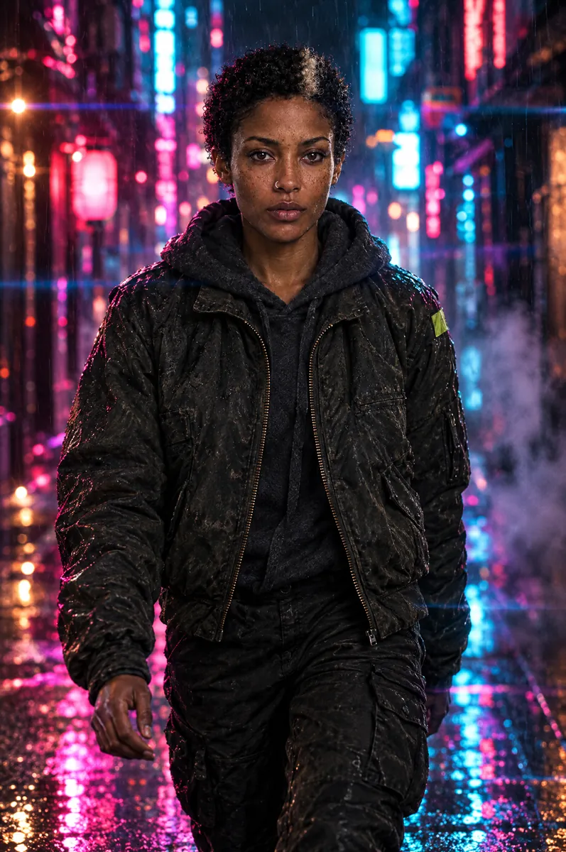 The same woman walking through a rain-soaked neon alley at night