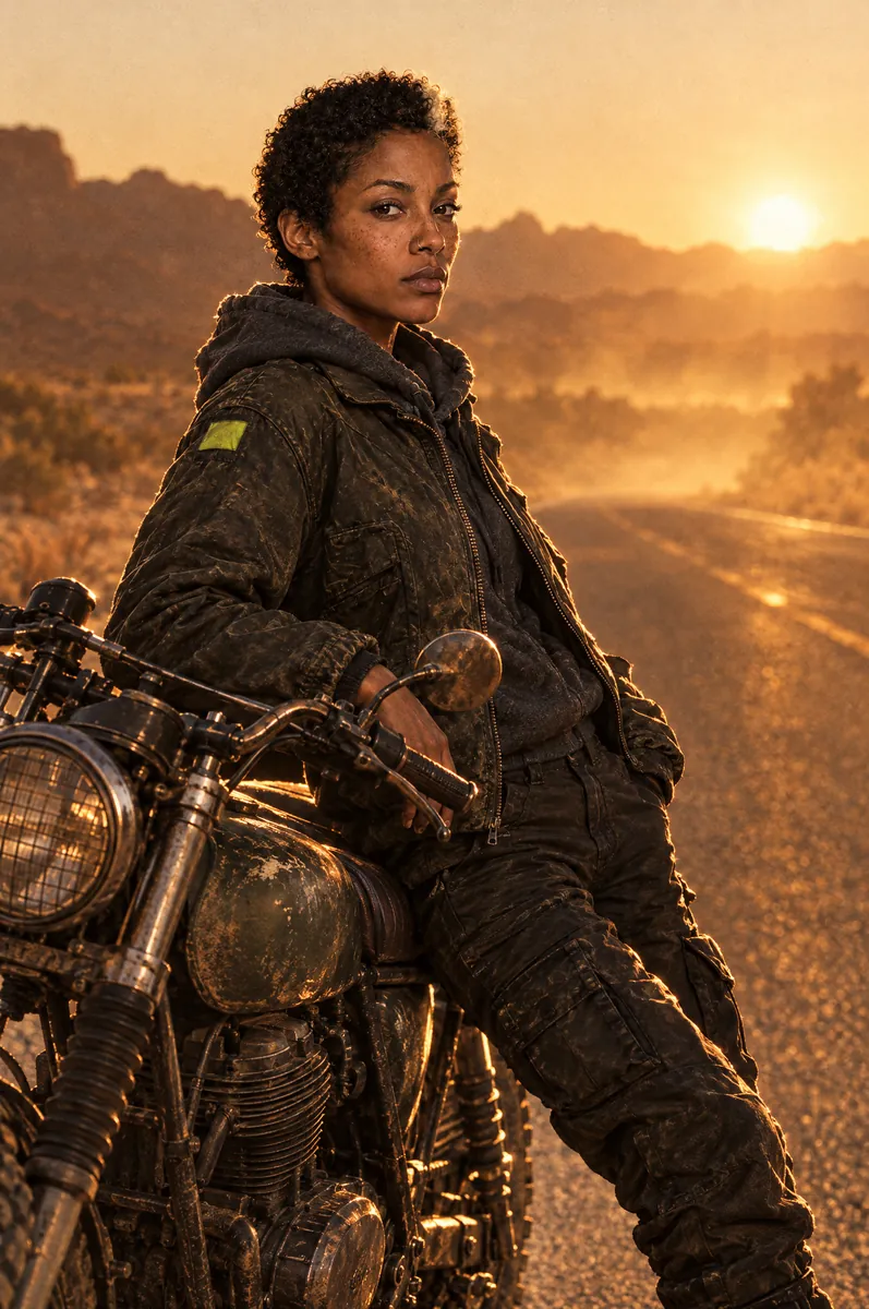 The same woman leaning on a vintage motorcycle on a desert highway at golden hour