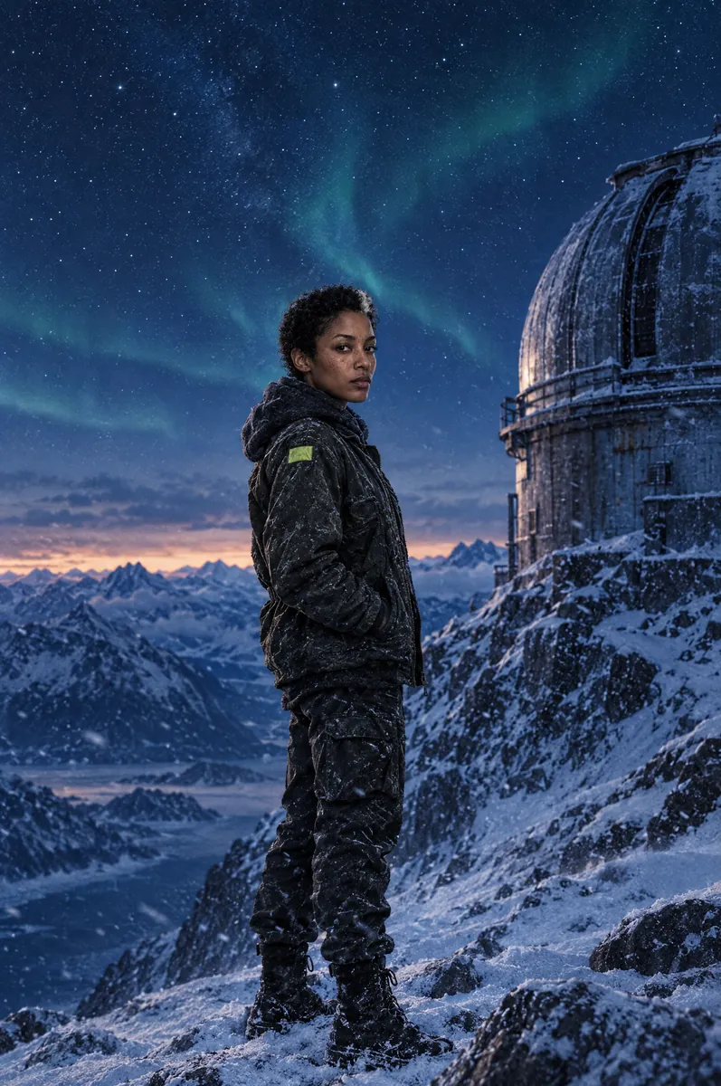 The same woman on a snowy ridge beside an observatory under the aurora