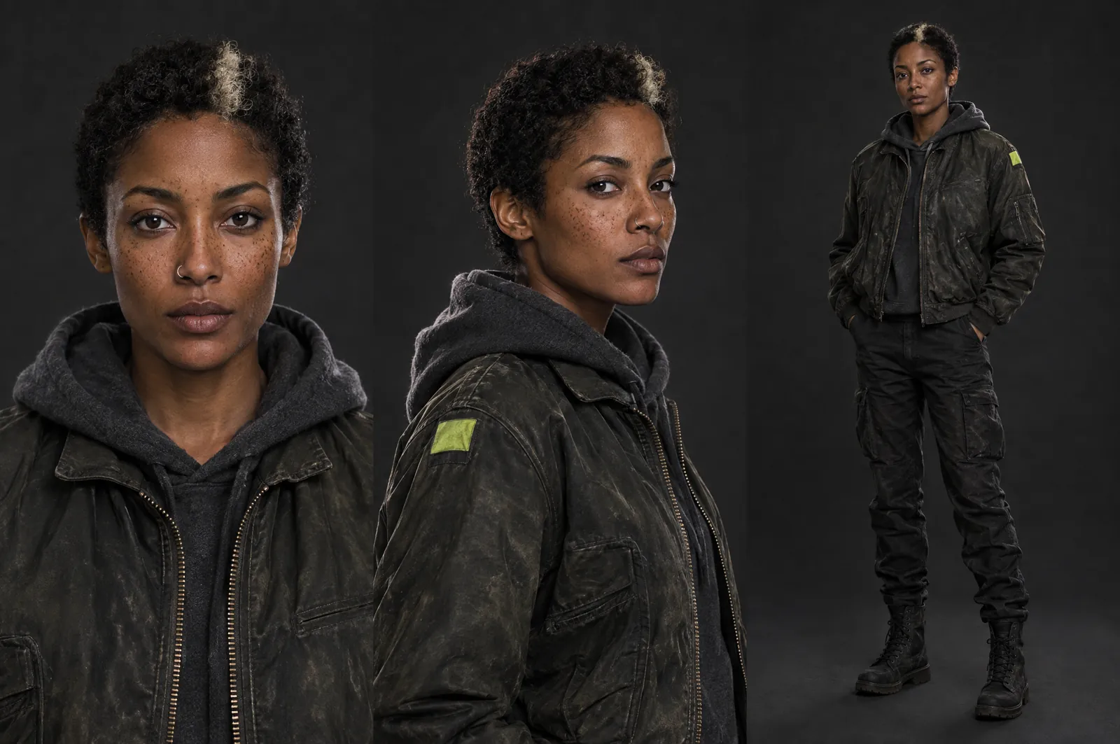 Character reference sheet: a woman with close-cropped hair and a bleached streak, in an olive flight jacket, shown from the front, three-quarter view and full length