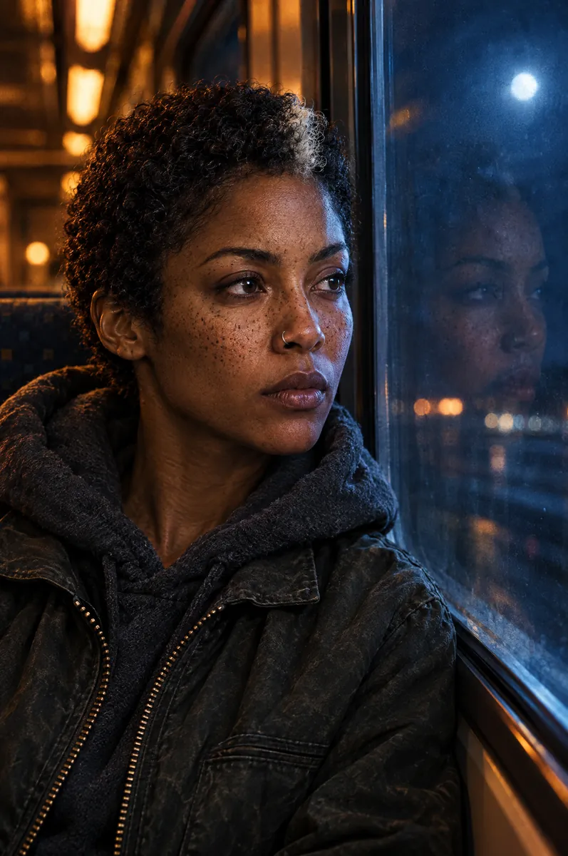 Close-up of the same woman looking out of a night train window