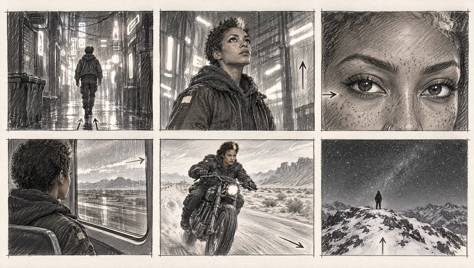 A pencil storyboard sheet with six panels following the same character through an alley, a train, a desert road and a snowy ridge