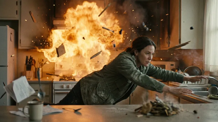 A woman dives across a kitchen as a fireball erupts behind her