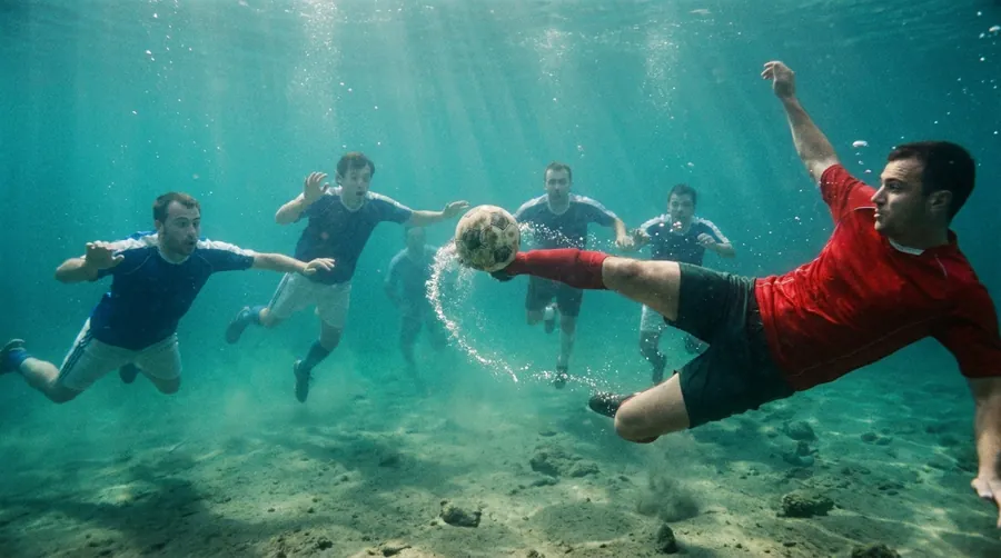 An underwater football match, a player bicycle-kicking through bubbles
