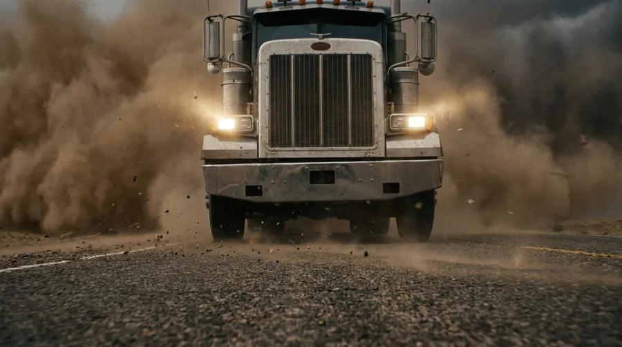 A semi truck bursting out of a desert dust storm
