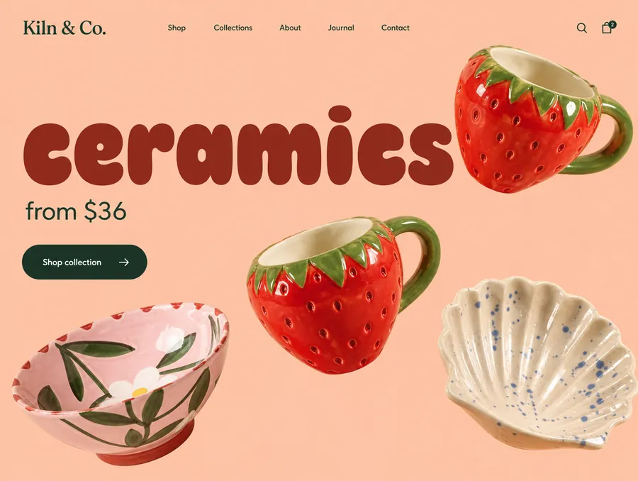 Ceramics shop landing page with strawberry cups on a peach background