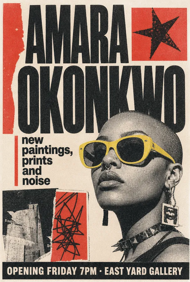 Risograph gallery poster for an exhibition by Amara Okonkwo