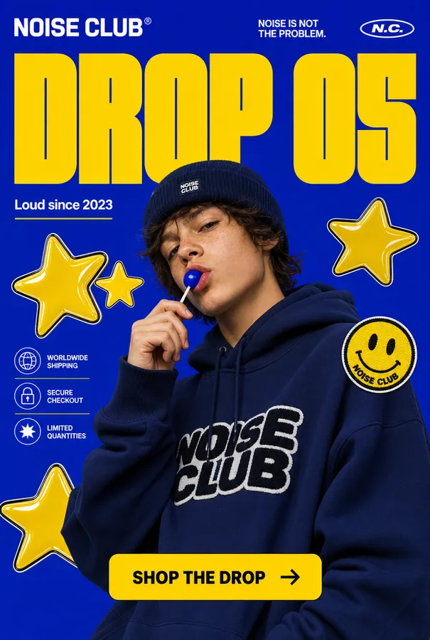 Streetwear drop poster: a teenager in a navy hoodie with a lollipop, yellow stars and the headline Drop 05