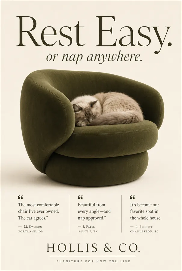 Furniture magazine ad: a cat asleep on a green velvet armchair under the headline Rest Easy